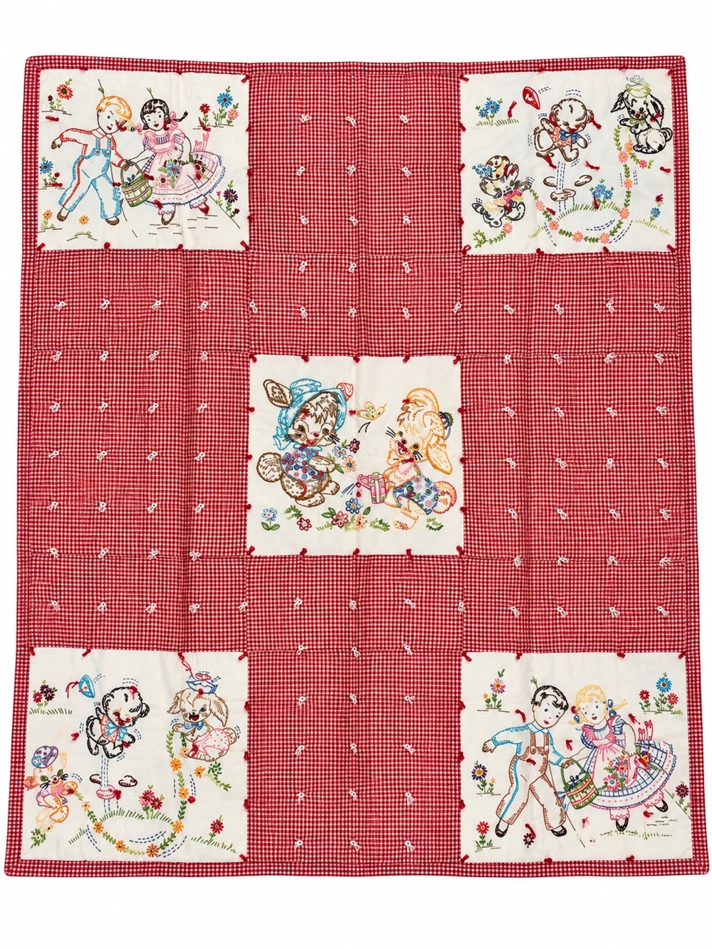 Vintage Handmade Red Patchwork Quilt with Whimsical Embroidered Panels